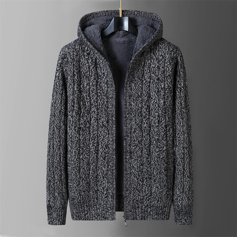 Giorgio wool knitted sweater in neutral tone, hooded full-zip cozy knit with premium wool-lined interior