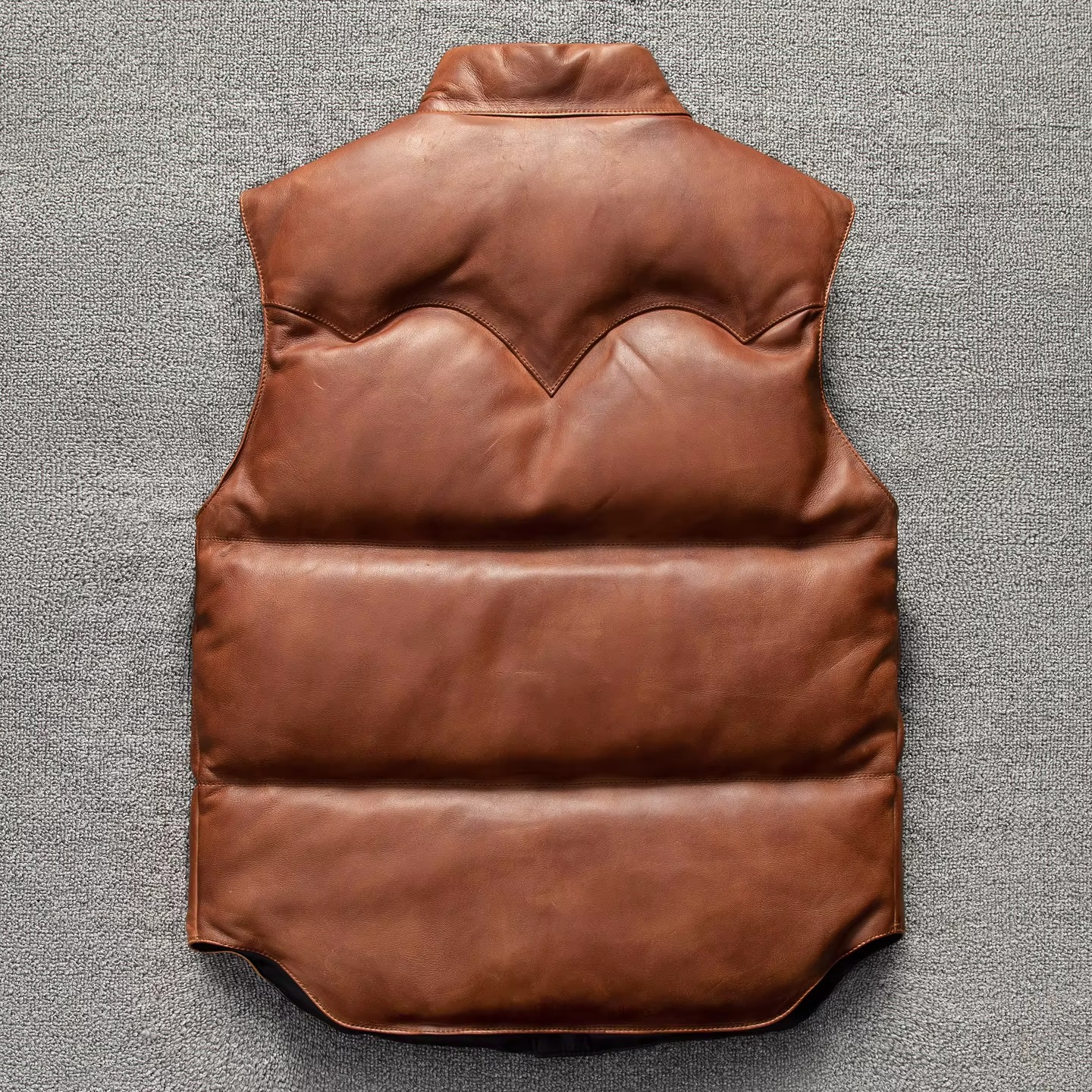 Men's brown quilted lambskin leather biker vest with elegant diamond puffer pattern