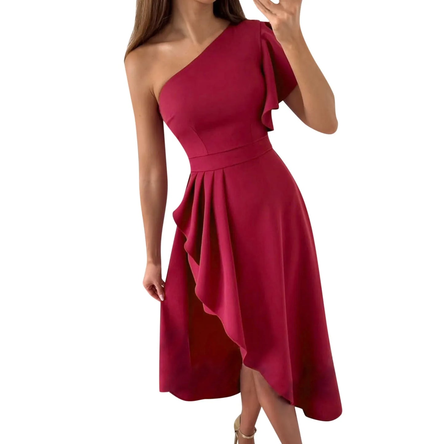 Women's asymmetric one-shoulder dress in elegant cut, flowing drape, ideal for formal parties