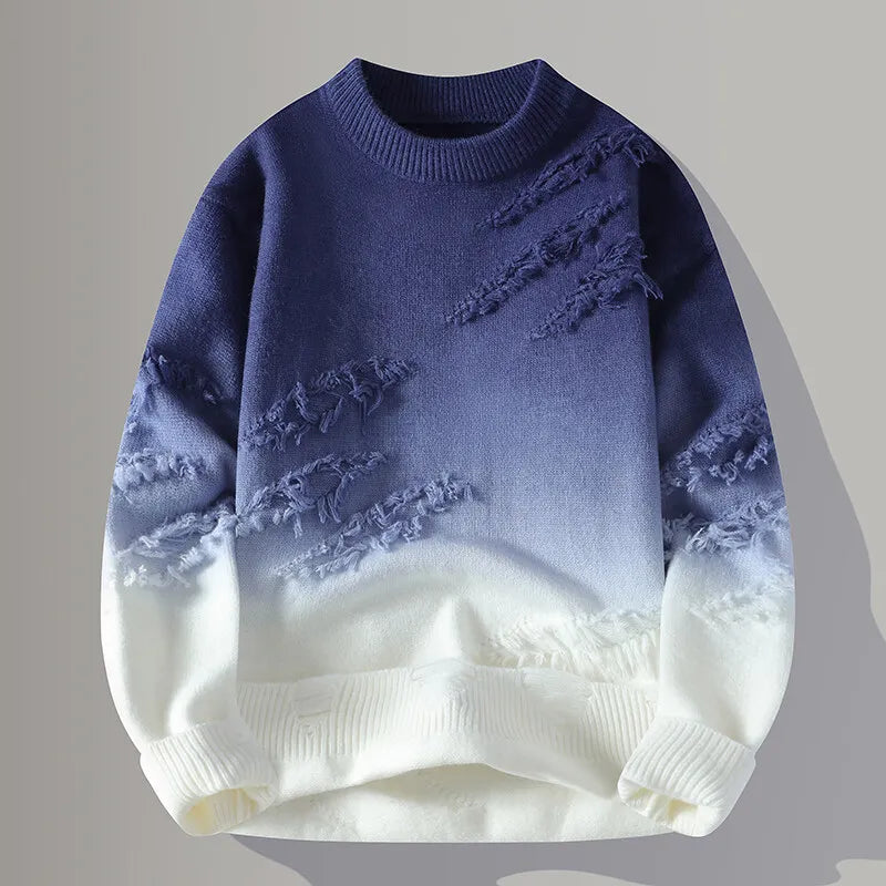 Men's gradient knit sweater with ombre fade, distressed texture, and street-style minimalist cut