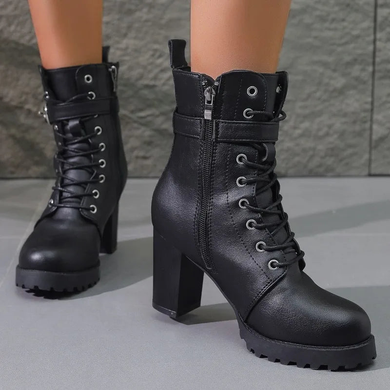 Women's black lace-up ankle boots with side zipper, trendy silhouette for daily versatile wear