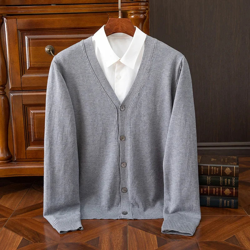 Men's grey cashmere wool blend V-neck cardigan with relaxed fit and refined heritage styling