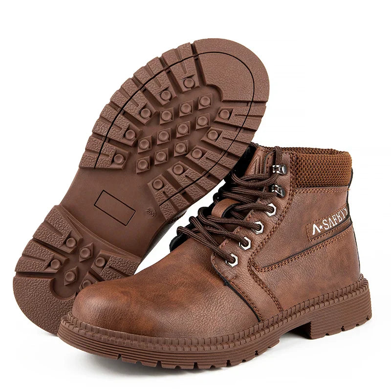 Men's brown leather lace-up safety work boots with reinforced toe cap for all-day comfort