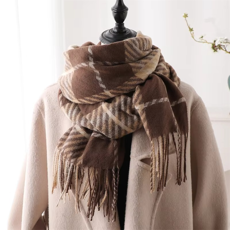 Women's plaid cashmere winter scarf in classic tones, thick pashmina shawl with fringe tassels
