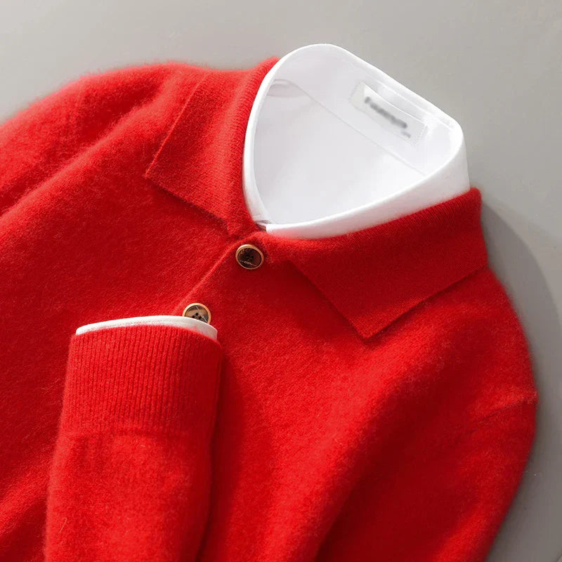 Men's wool knit relaxed fit pullover sweatshirt with polo collar and button detail