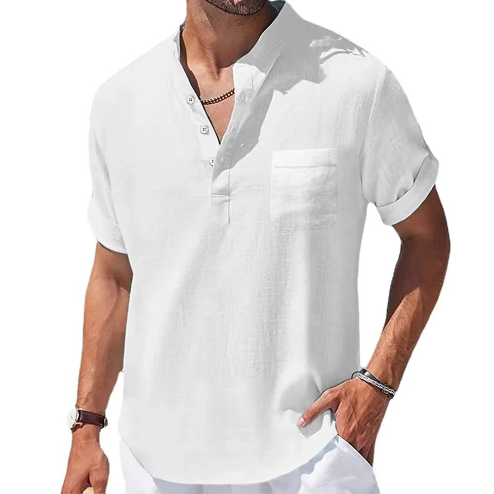 Navy men's cotton linen Henley shirt short sleeve casual lightweight breathable summer top