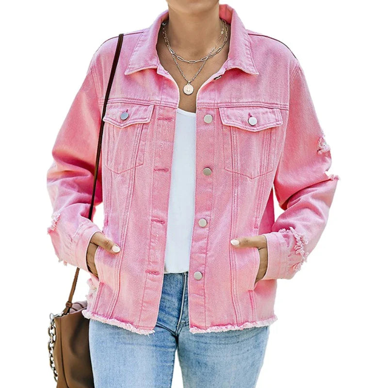 Blue distressed denim jacket with frayed hem and classic button-up front for effortless layering
