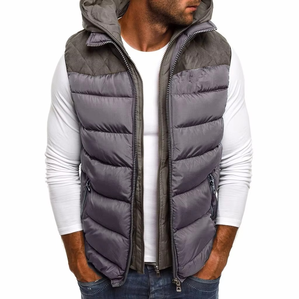 Men's black hooded sleeveless puffer vest lightweight quilted insulation cold-weather layering piece
