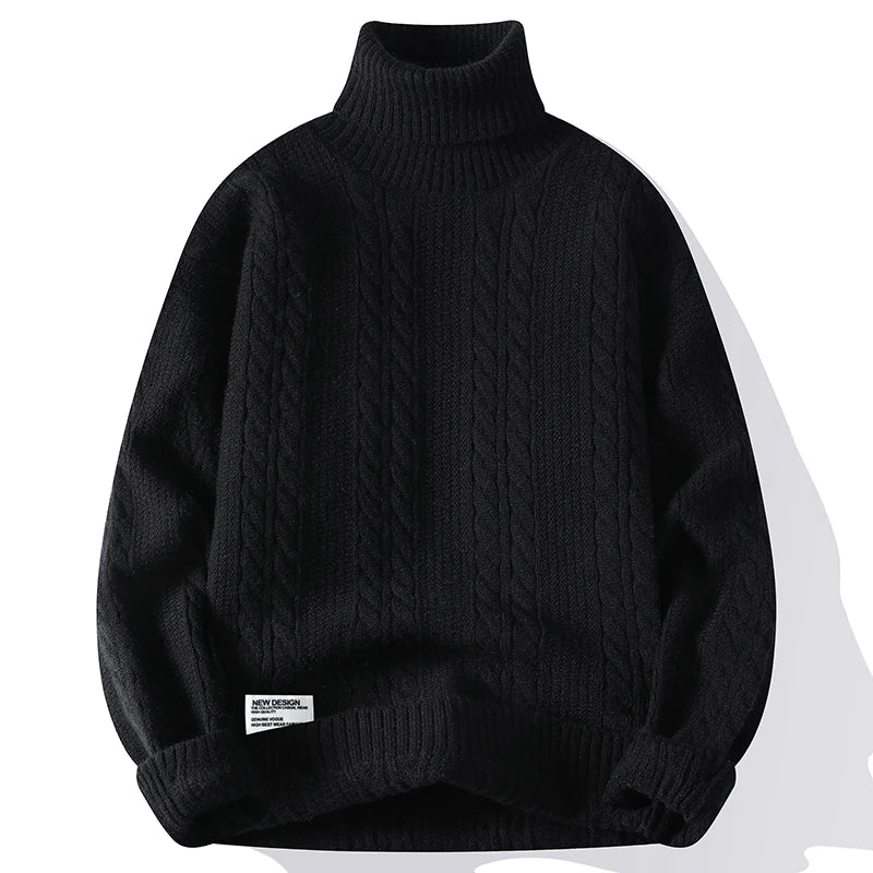Slim-fit cable-knit turtleneck sweater in neutral tone with all-over textured knit pattern