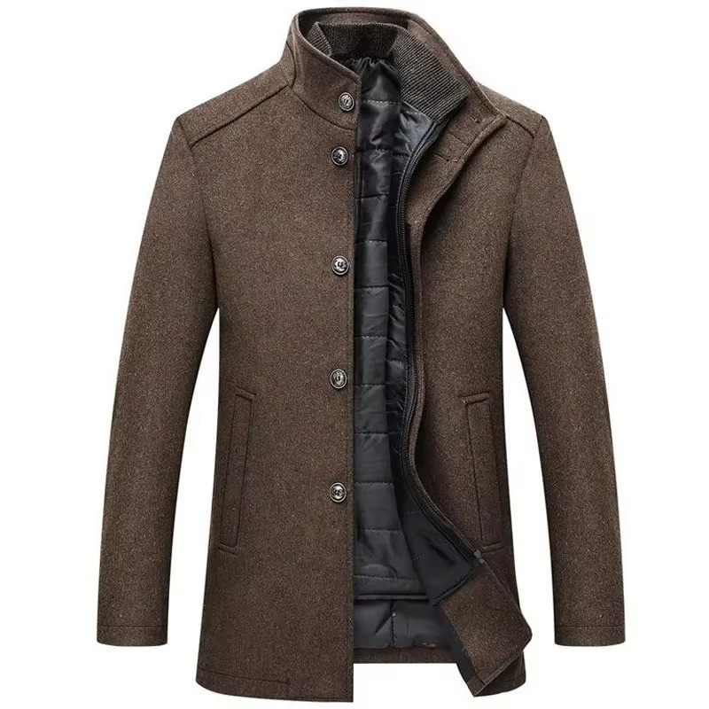 Men's navy long wool coat with stand collar and detachable vest, versatile winter layering essential