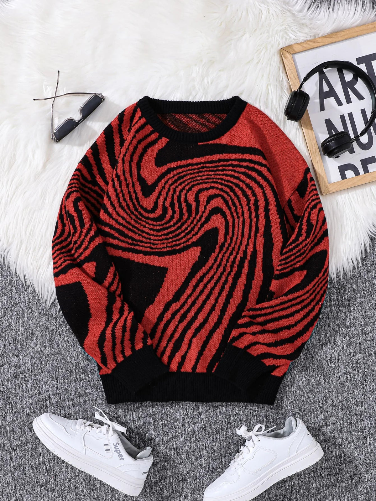 Multicolor abstract jacquard wool pullover with relaxed silhouette, ribbed cuffs, and maze-inspired pattern
