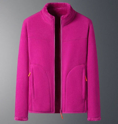 Women's classic stand collar zip winter jacket with plush faux shearling lining, warm refined silhouette