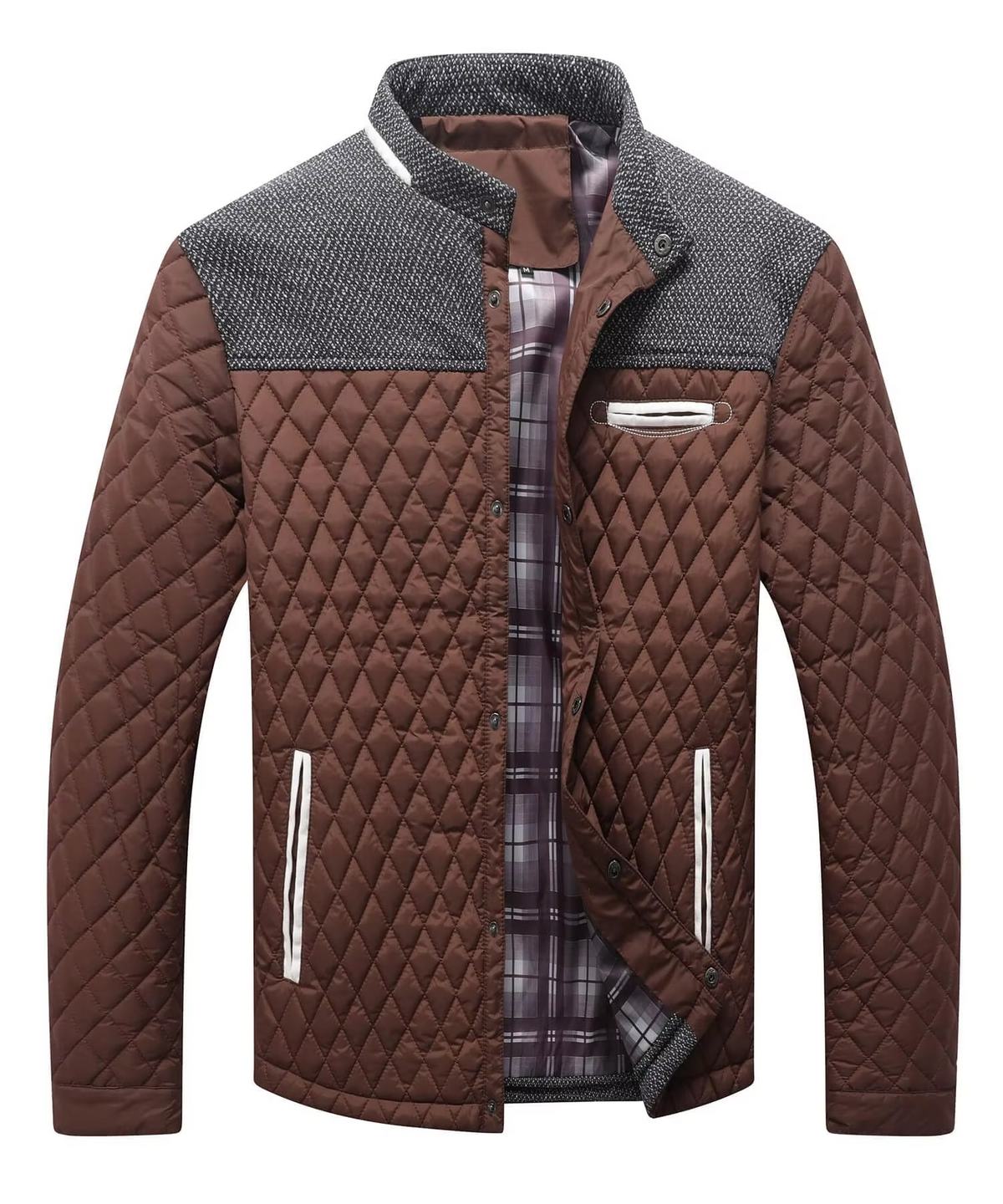 Men's lightweight diamond quilted bomber jacket in grey with contrast yoke pockets, slim casual fit