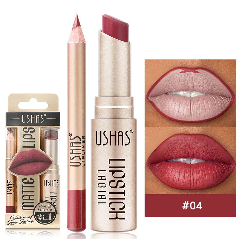 Dual-purpose matte lipstick and liner combo with precise sculpting tip for flawless long-lasting color