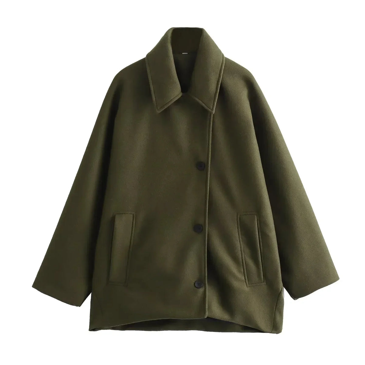 Women's oversized winter coat in neutral tone, relaxed silhouette with cozy insulation for layering
