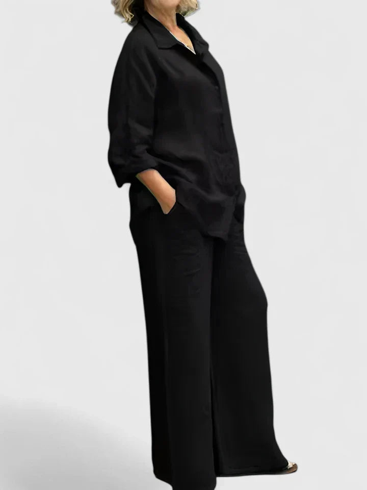 Soft pink linen two-piece set oversized button-down shirt matching wide-leg pants relaxed fit