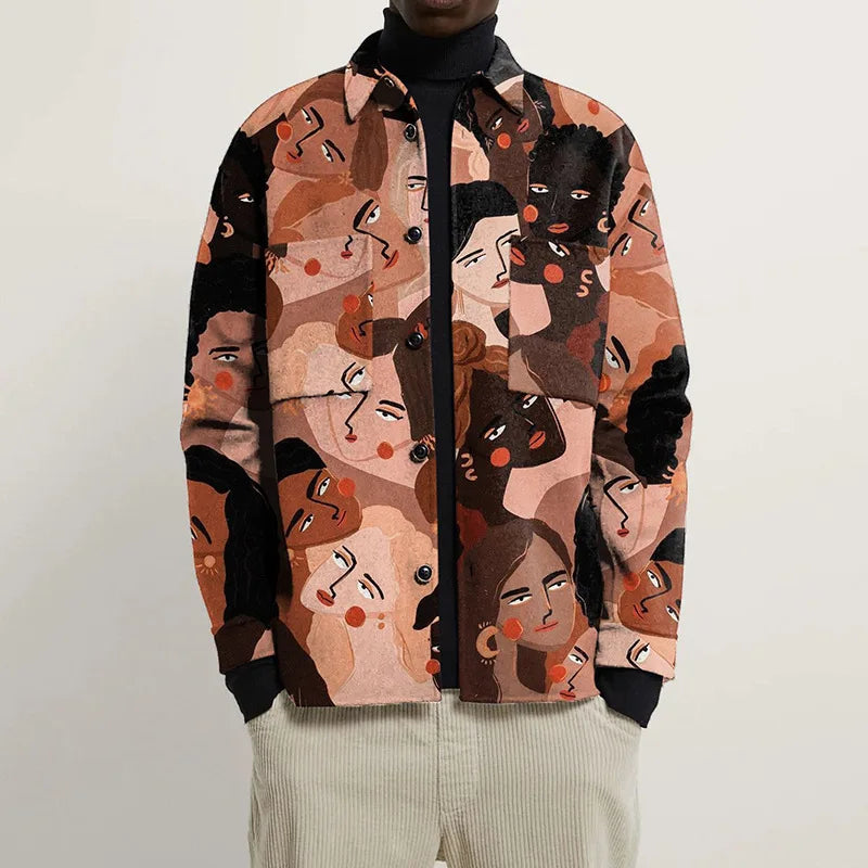 Acadia heavyweight abstract print shirt jacket with bold geometric lines and single-breasted design