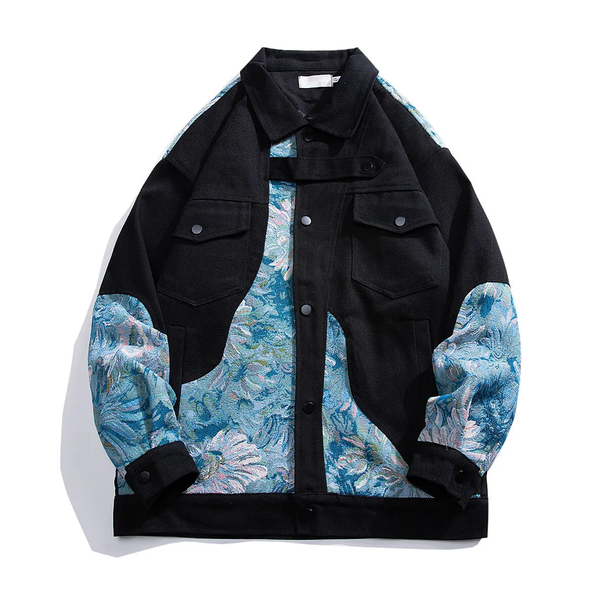 Blue denim boxy-fit unisex jacket with bold embroidered floral color-block panels for a retro casual look