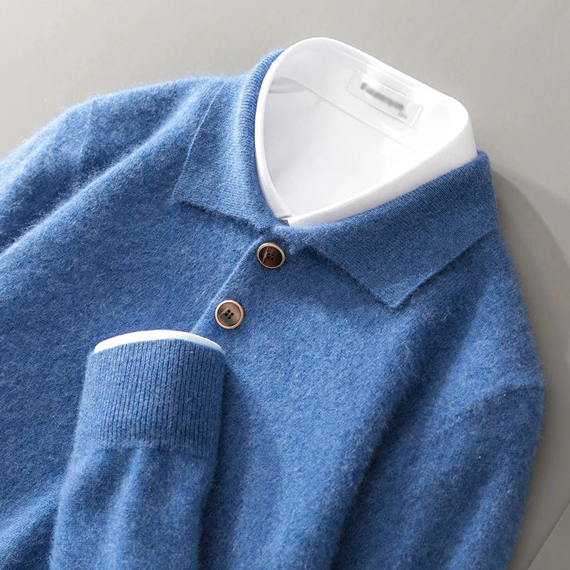Men's wool knit relaxed fit pullover sweatshirt with polo collar and button detail