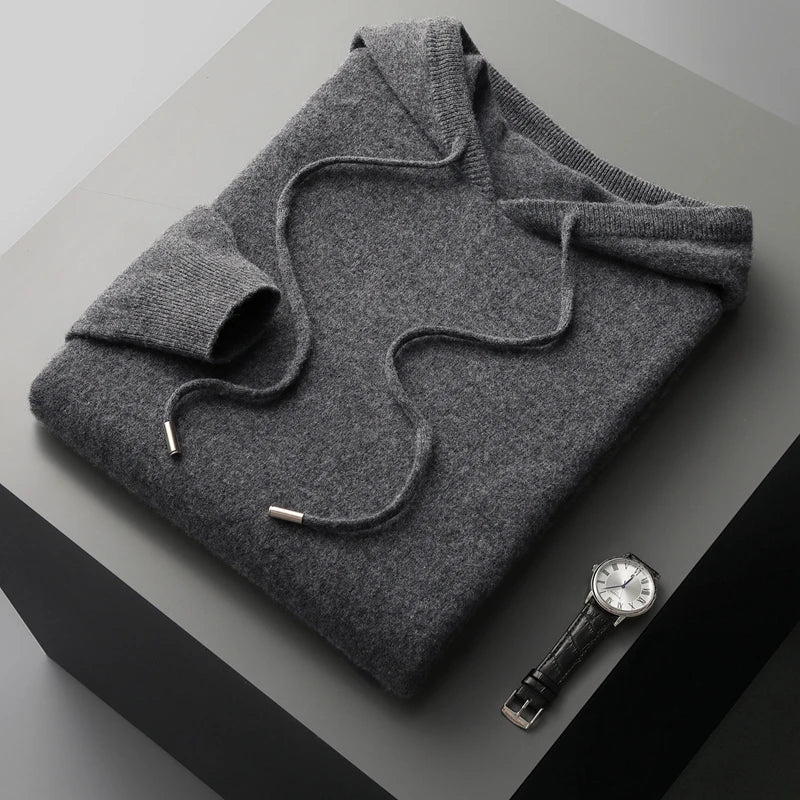 Men's gray cashmere hoodie classic fit soft knitted fabric with ribbed cuffs luxury knitwear