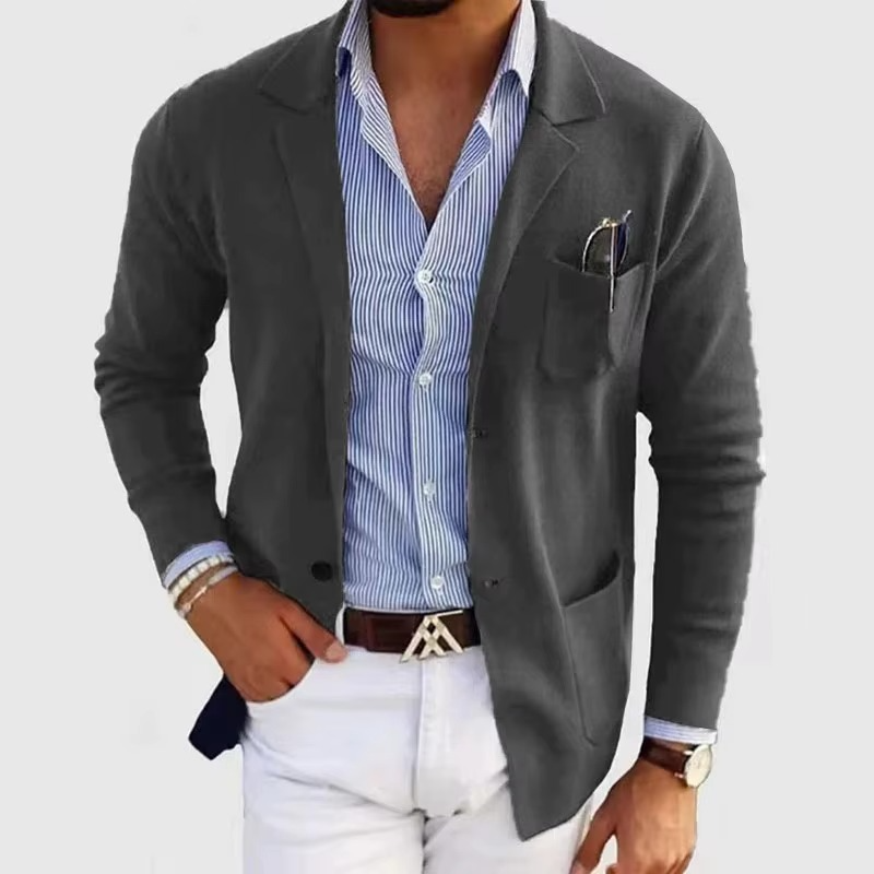 Men's solid color knitted cardigan coat turn-down collar multi-pocket minimalist single button closure