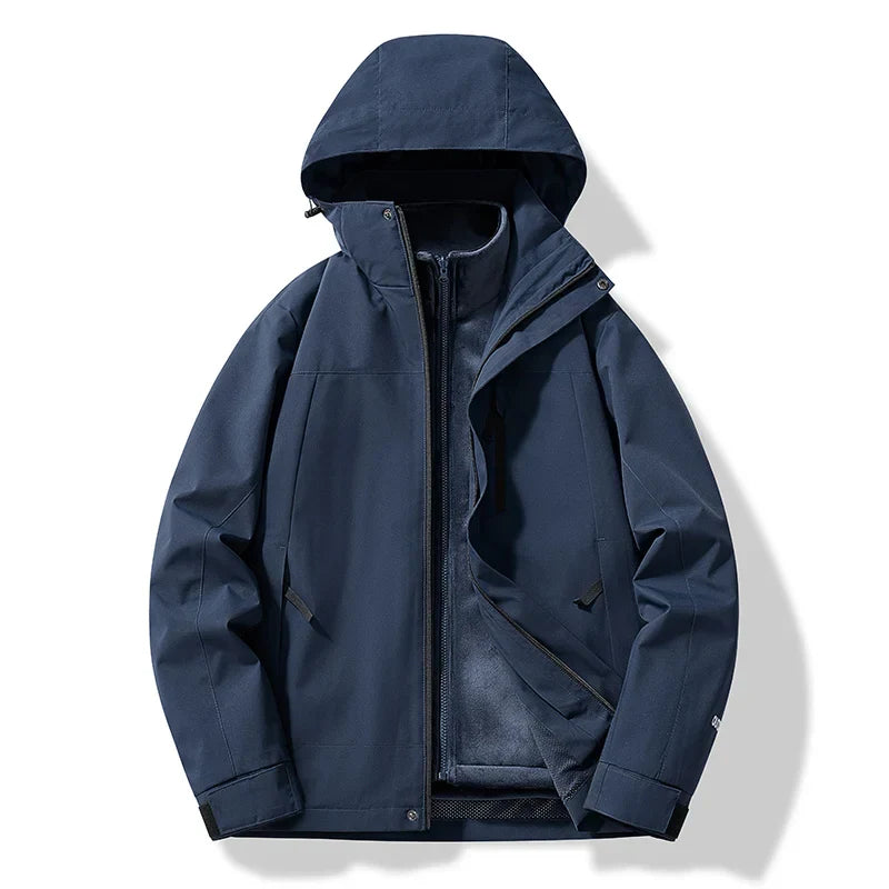 Men's navy hooded insulated ski jacket with full-length zip-up closure by Wavlynn, slim modern fit