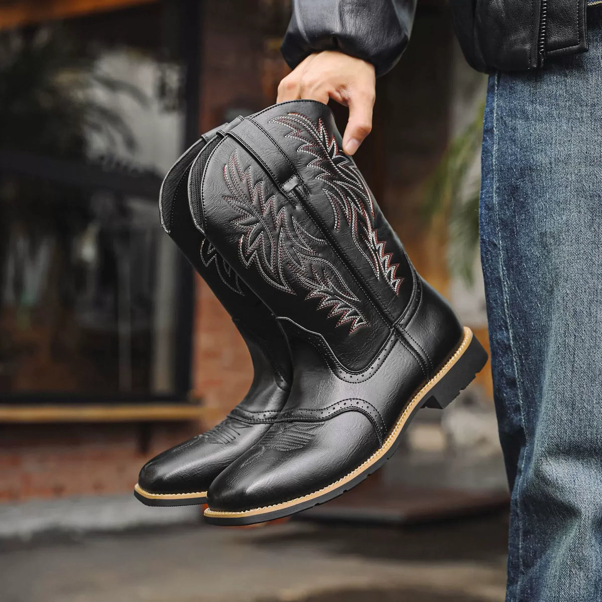 Men's brown leather Western cowboy boots with pointed toe and durable premium craftsmanship