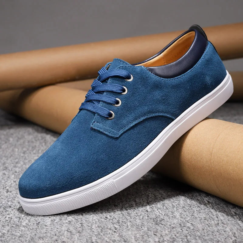 Men's brown suede casual dress shoes with plush sheepskin insole for all-day comfort
