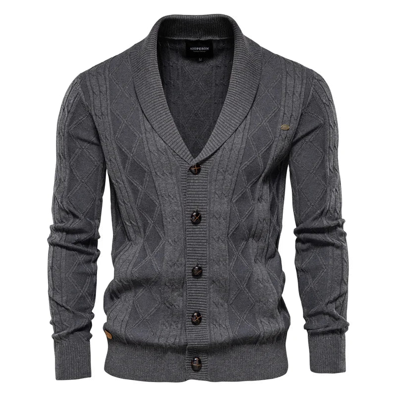 Men's navy blue buttoned cardigan with ribbed trim and relaxed sophisticated fit for modern style