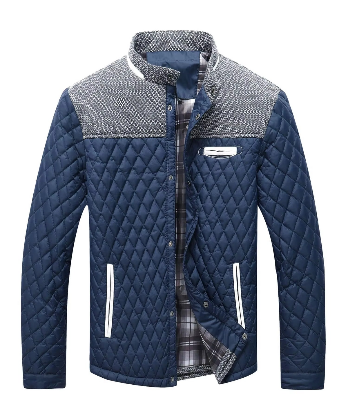 Men's lightweight bomber jacket navy diamond quilted overshirt with contrast grey yoke pockets