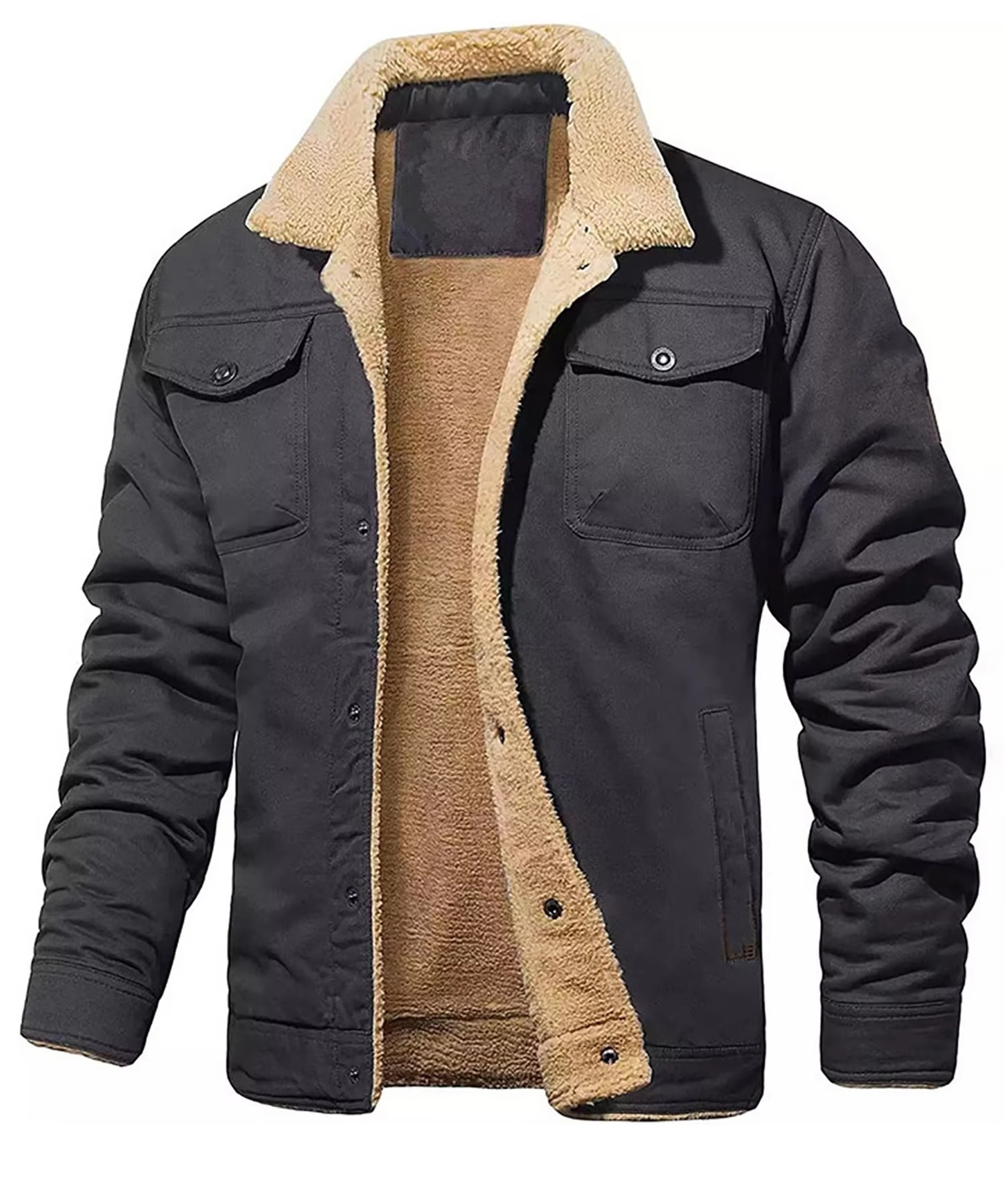 Men's dark winter parka faux shearling lined windproof coat with deep pockets warm insulation