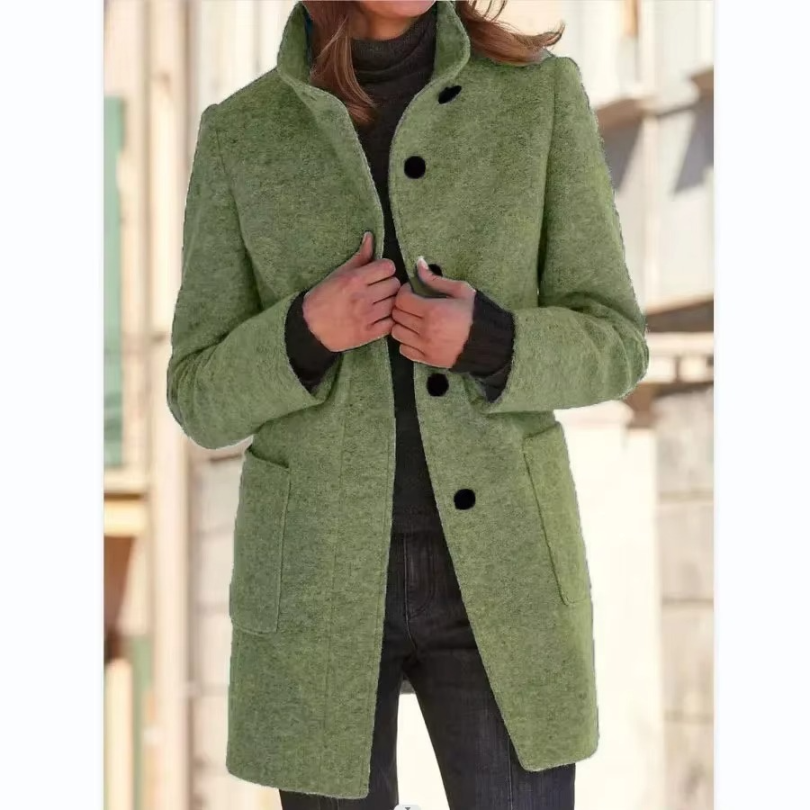 Women's casual cotton coat with stand collar, long sleeves, side pockets, lightweight spring outerwear