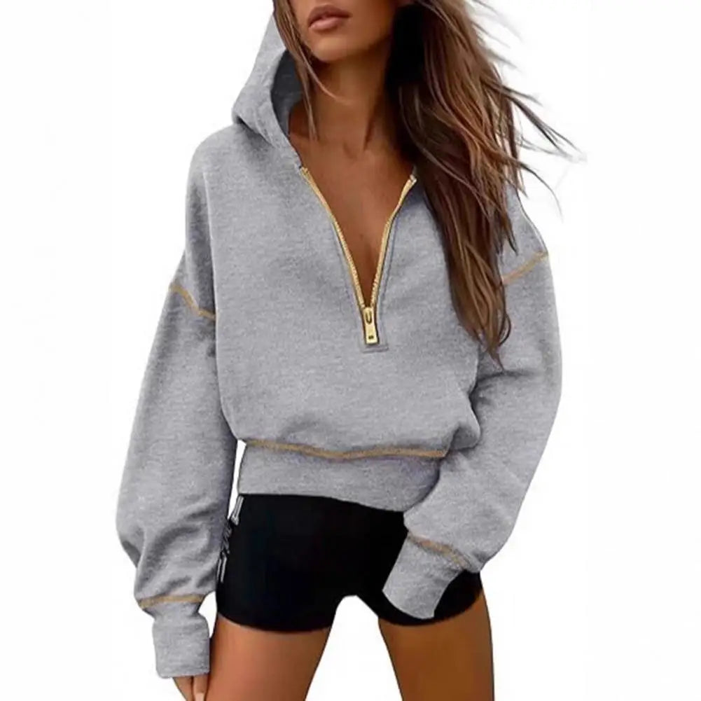 Theresa women's gray zip-up hoodie soft cotton blend with cozy hood and sleek front zipper