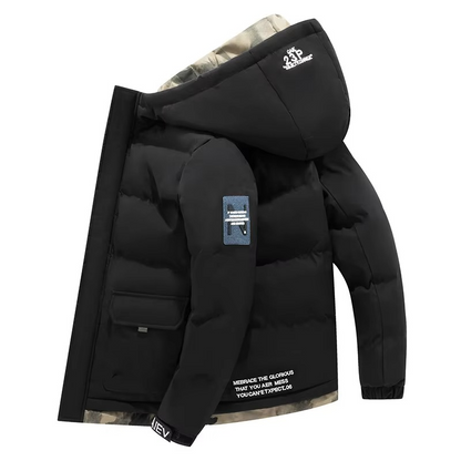 Men's insulated hooded parka windproof slim-fit jacket with adjustable hood for cold weather