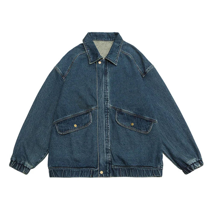 Medium wash oversized denim jacket with boxy retro fit and elastic cinched cuffs