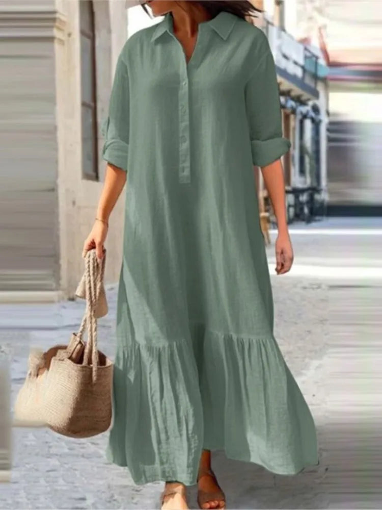 Ivory cotton tiered shirt maxi dress with relaxed silhouette and ankle-length layered skirt