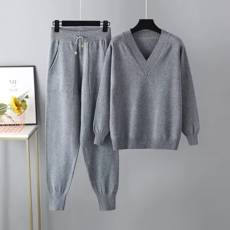 2024 Autumn Winter Women’s Knitted V Neck Sweater and Pants Two Piece Set