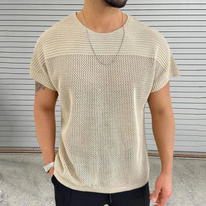 Men's breathable mesh-knit crew neck tee relaxed streetwear fit lightweight cotton-blend summer shirt