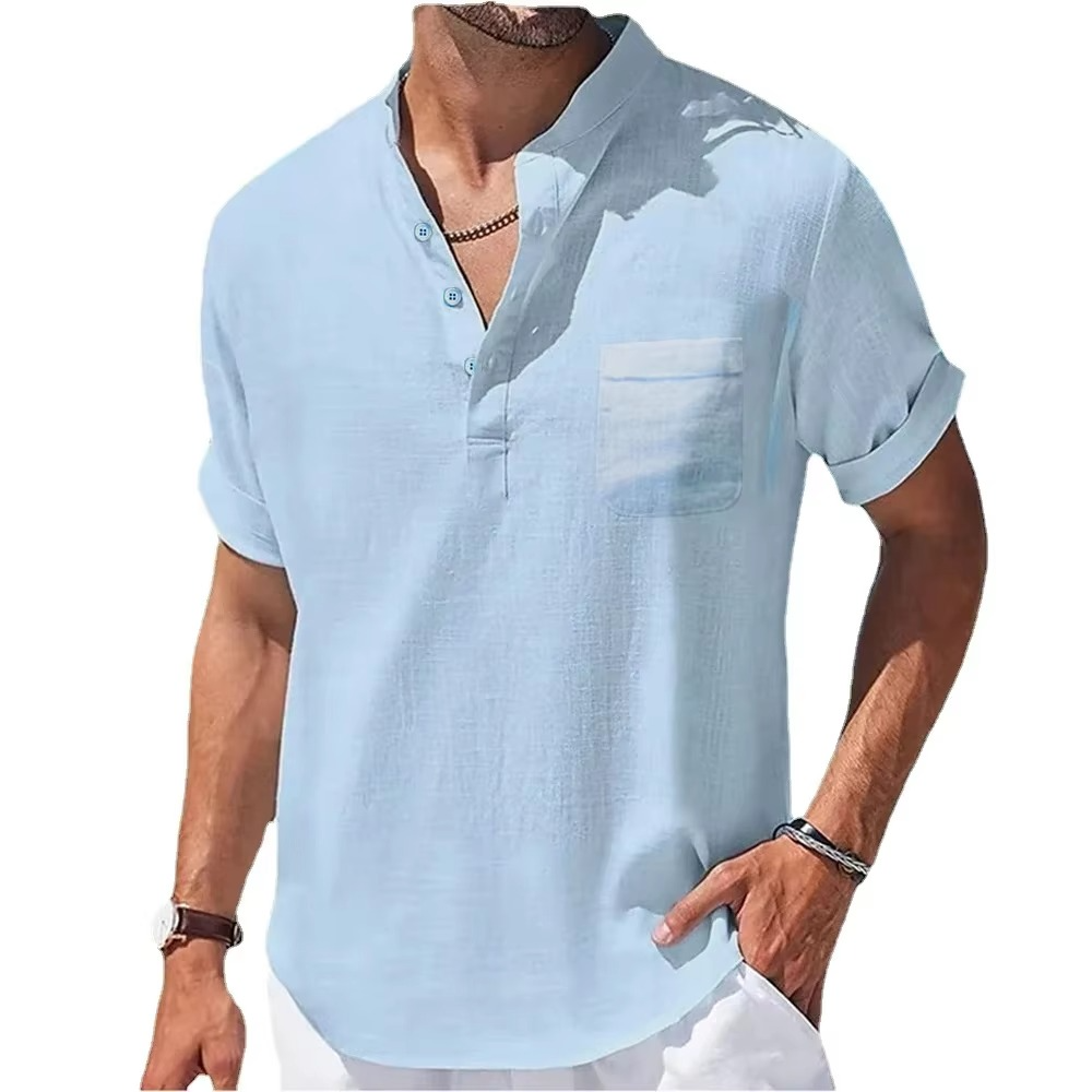 Navy men's cotton linen Henley shirt short sleeve casual lightweight breathable summer top