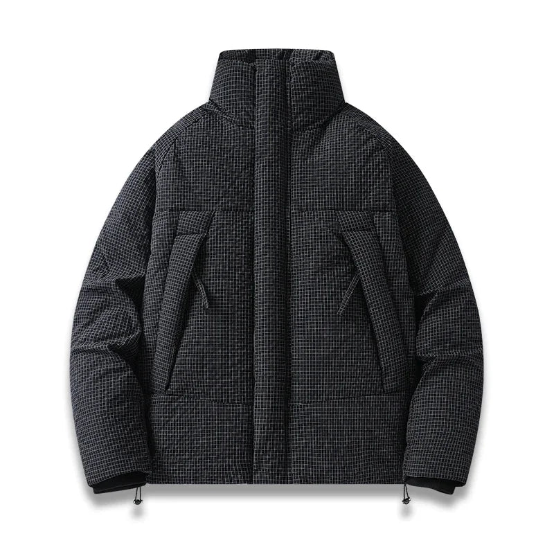 Men's navy quilted parka with plaid texture, structured fit, windproof insulated city coat