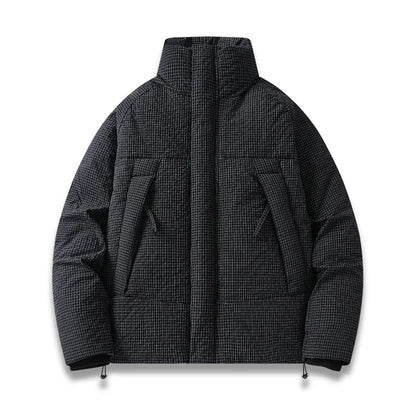 Men's navy quilted parka with plaid texture, structured fit, windproof insulated city coat