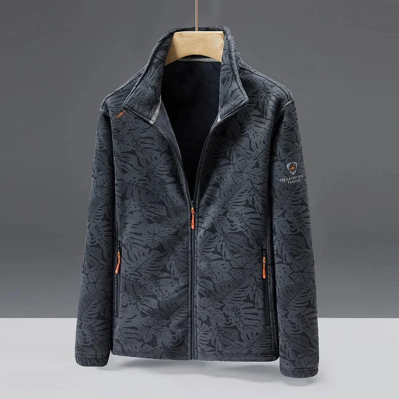 Men's dark fleece jacket high collar zip pockets textured pattern plush casual warmth everyday layer