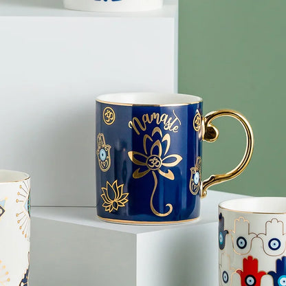 Evil Eye ceramic mug with gold handle, Turkish craftsmanship, protective guardian design