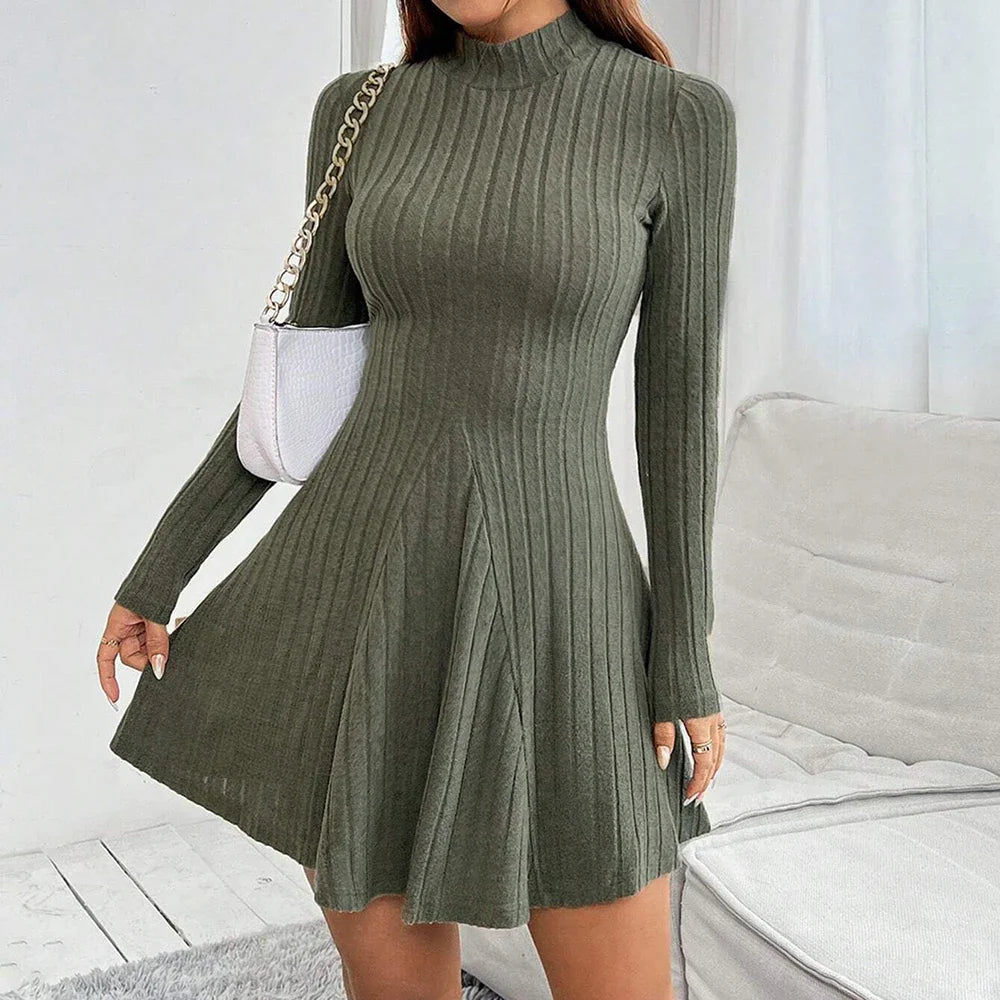 Vivienne Renée soft corduroy dress in warm tone, high-waisted A-line silhouette with ribbed stretch fabric