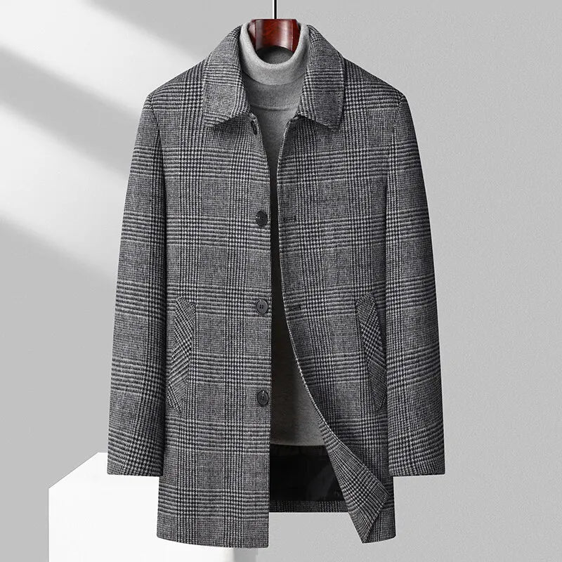 Meyer tailored plaid overcoat in brushed wool with structured shoulders and classic 3/4 length cut
