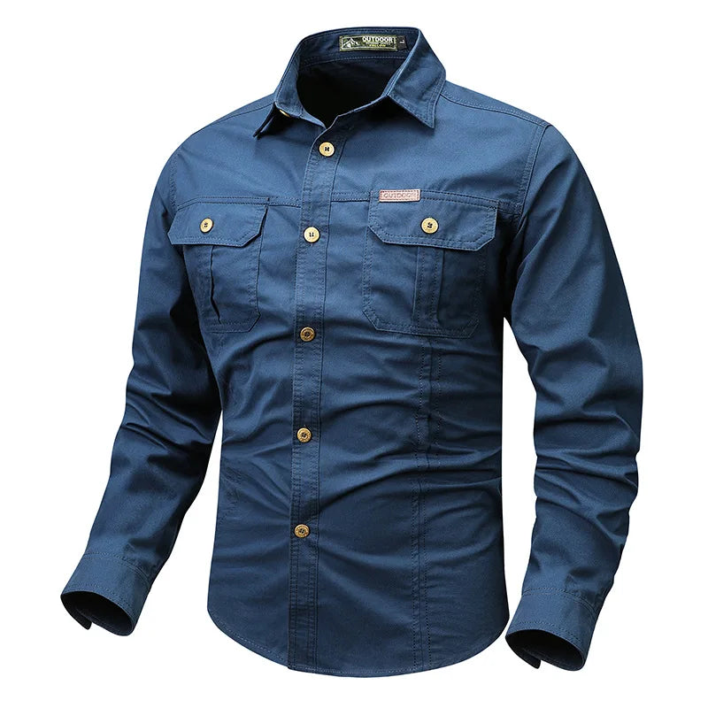 Men's olive utility button-down shirt with durable fabric and multiple utility pockets for outdoor wear
