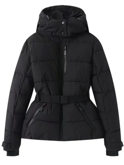 Women's metallic silver belted puffer jacket with cinched waist and cozy winter warmth