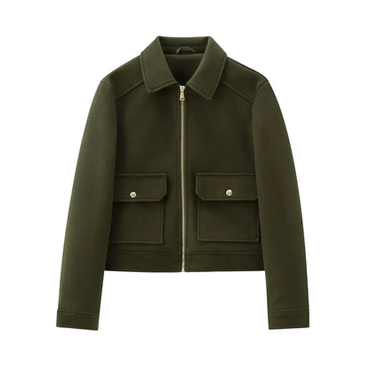 Women's cozy zip-front pocket jacket structured silhouette tailored casual everyday layer