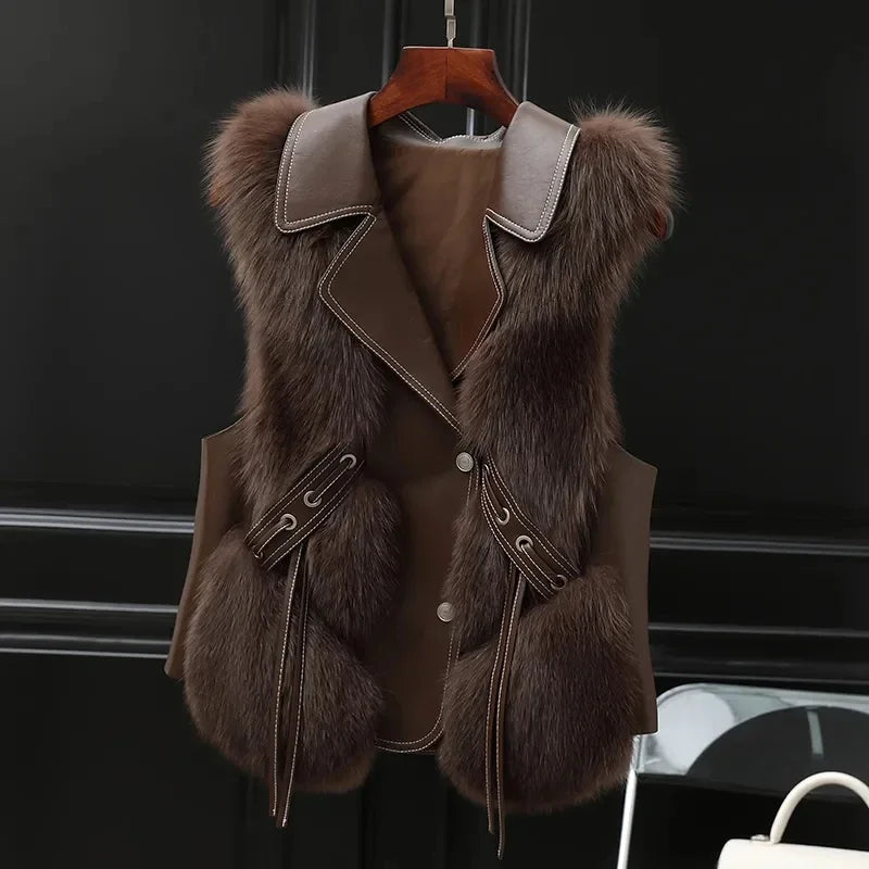 Clara regular fit fur vest with fur trim collar, tie detail, sleeveless silhouette for elegant evening layering