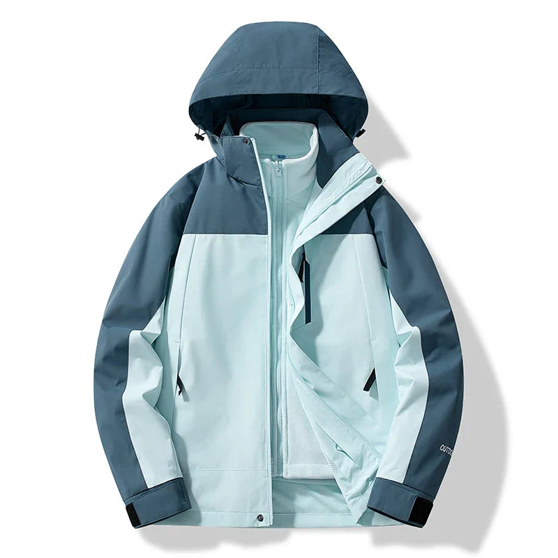 Men's navy hooded insulated ski jacket with full-length zip, modern slim silhouette for cold-weather wear